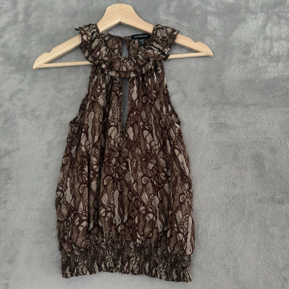bebe Silk Halter Top Womens XXS Brown Animal Print Sexy Keyhole Shirred Waist
